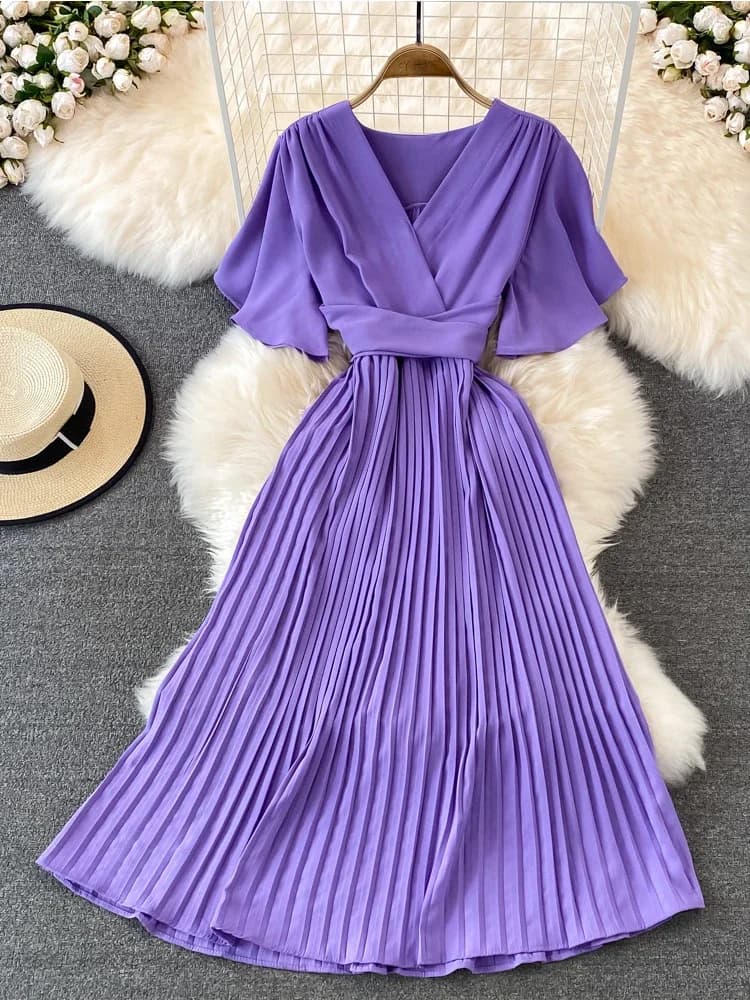 Dames Elegante Effen Zomerjurk Temperament Korte Mouw V-Hals Vintage A-Lijn Hoge Taille Paarse Jurk Voor Dames