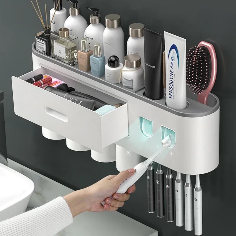 WIKHOSTEAR Wandmontage Tandenborstelhouder Magnetische Adsorptie Omgekeerde Tandpasta Knijper Dubbele Automatische Tandpasta Dispenser