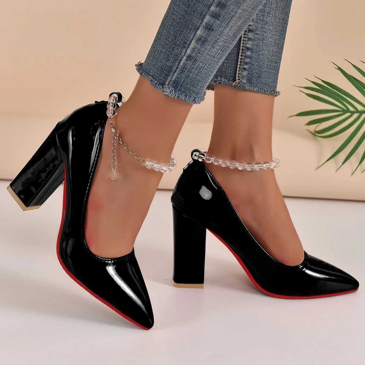Aphixta Kristallen Glazen Bal 3.94 inch Hoge Vierkante Hakken Pompen Vrouwen Transparante String Bead Chain Strap Schoenen Big Size 50 53