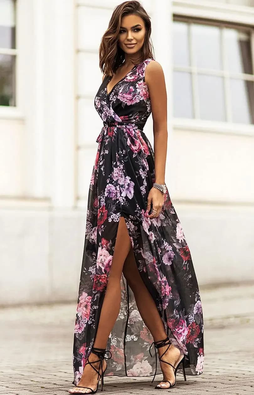 Chiffon Bloemenprint Lange Jurken Vrouwen Sexy V-hals Backless Leace-up Slit Jurk Mode Temperament Dame Woon-werkverkeer Vestidos