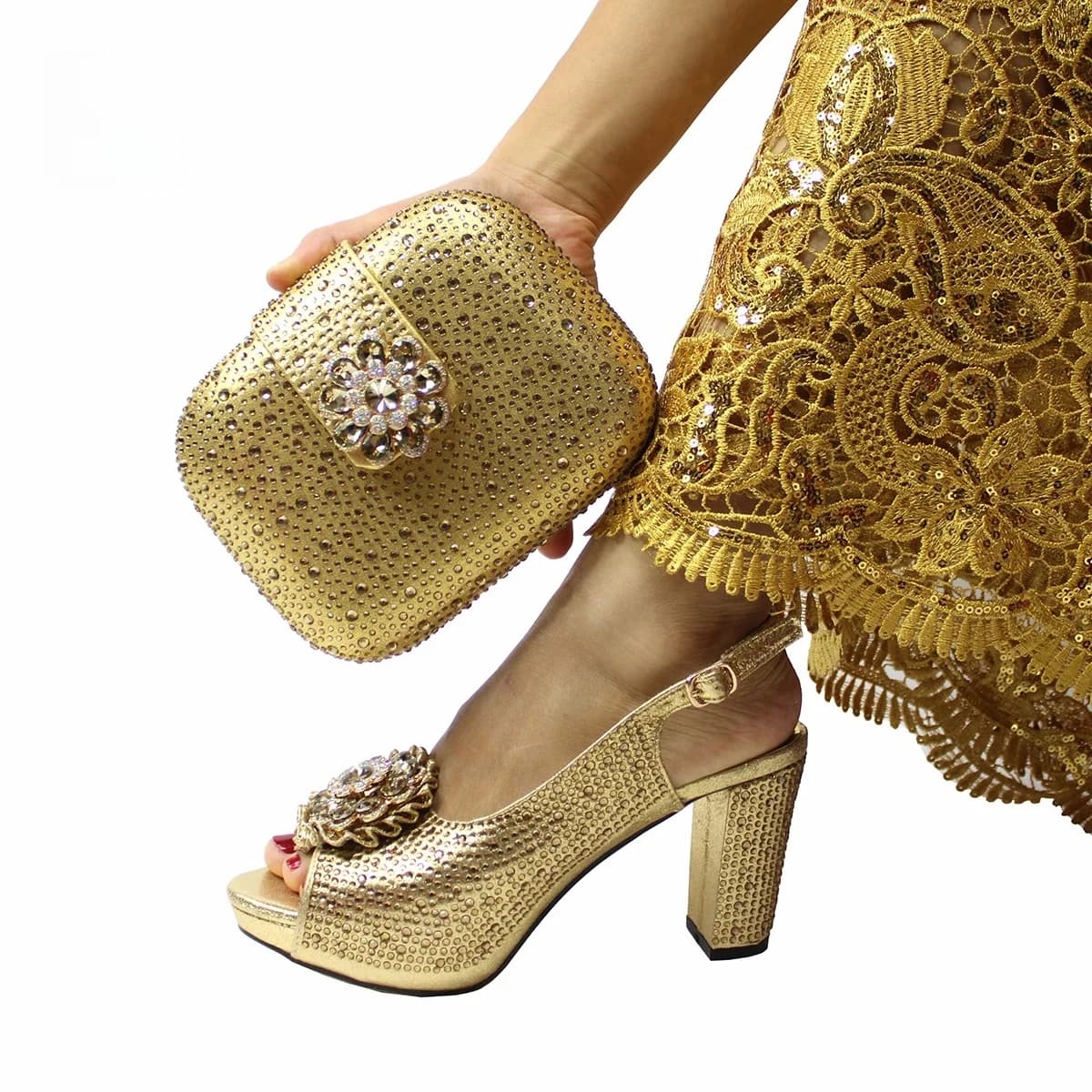 Nieuw ontwerp Peep Toe Afrikaanse lente herfst dame schoenen en tas set in gouden kleur dames sandaal in bruiloft