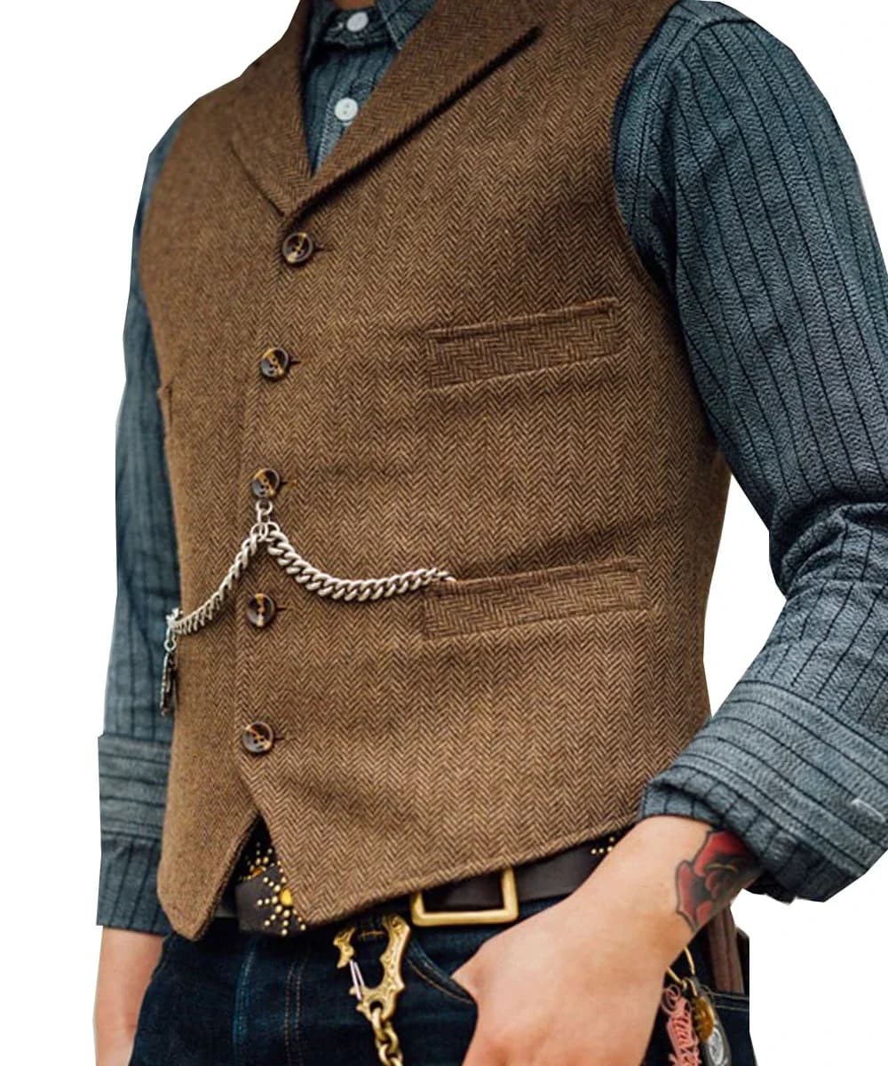 Zakelijk herenpakvest revers V-hals wol visgraat casual bruin vest casual formeel stalknecht jasje voor bruiloft