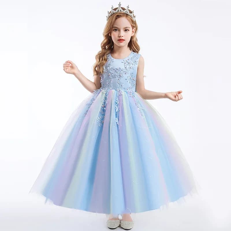 Feestjurk voor meisjes van 4-14 jaar, mouwloos, mesh, borduurwerk, festivalfeest, communiefeest, prinsessenjurk, lange jurk met pailletten