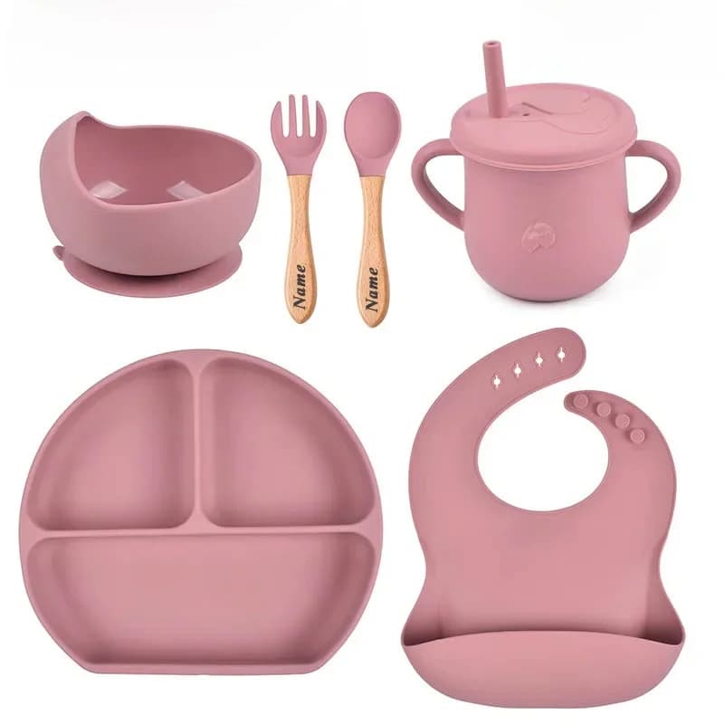 6 Stuks/4 Stuks Baby Voeding Set Siliconen Servies Custom Gepersonaliseerde Naam Zuigplaat Kommen Lepel Vork, Slabbetje Eerste Fase Zelfvoer