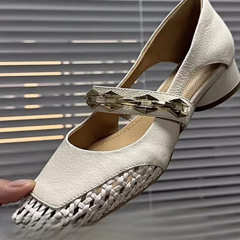 Uitsparing zomer damesschoenen vierkante neus ondiepe mond ademend mode geweven metalen ketting één riem blokhak enkele schoenen