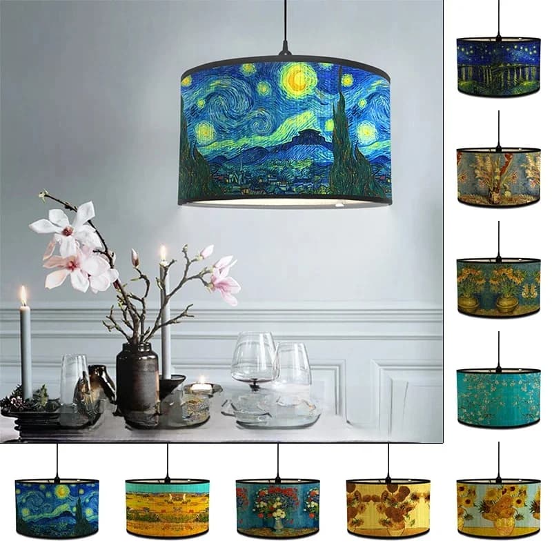 Astrale Zonnebloem Lamp Schaduw Bamboe Kunst Lichte Schaduw Bar Café Kroonluchter Decor Van Gogh Geschilderde Decoratieve Lampenkap