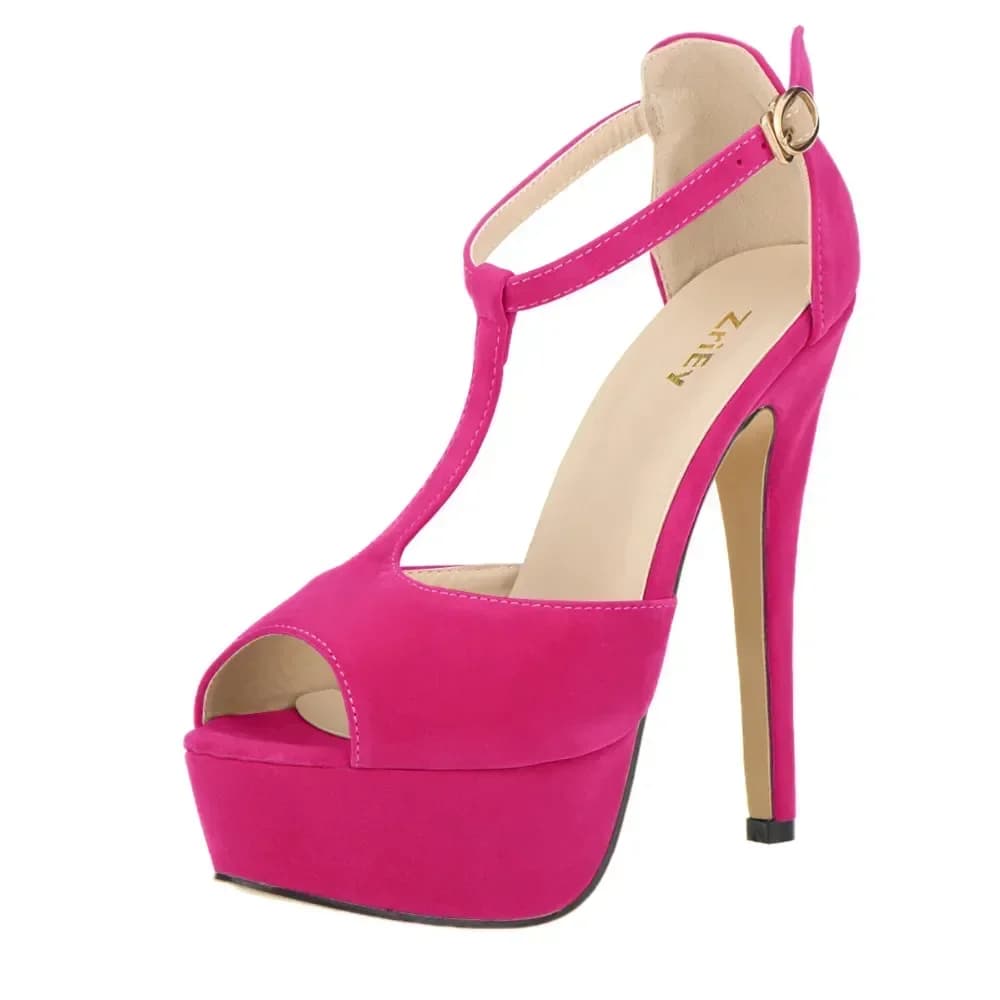 2026 Nieuwe Dames Platform Suède Hoge Hakken Sandalen 14CM Sexy Peeptoe Enkelband Stiletto's Pumps T-Riem Party Bruiloft Schoenen