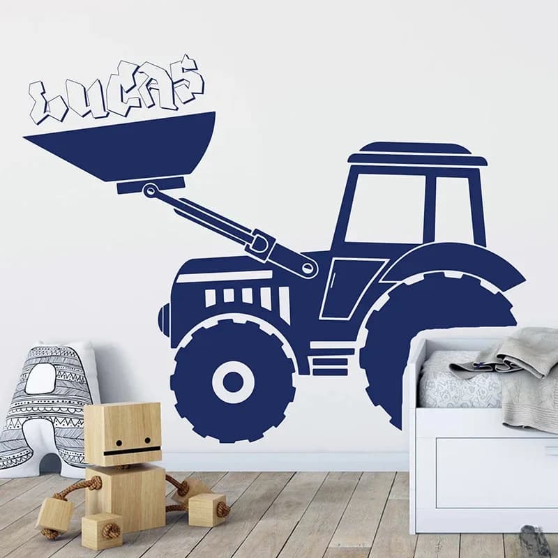 Aangepaste naam bouw tractor muursticker gepersonaliseerde naam vrachtwagen kraan muur sticker kinderkamer kinderkamer vinyl home decor