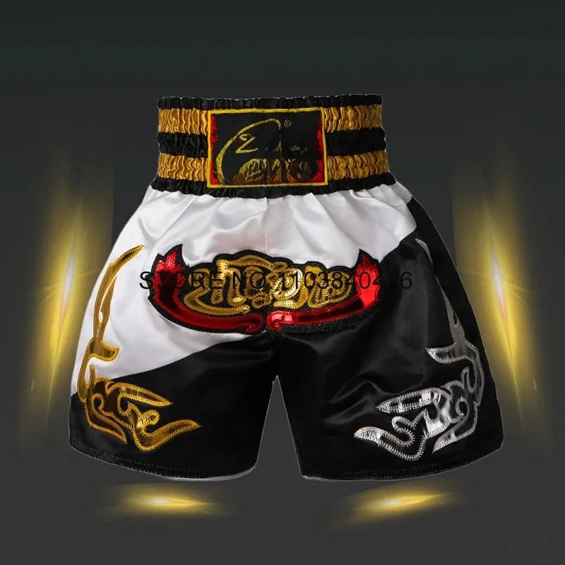 Muay Thai Shorts Thailand Borduren Boksshorts Heren Dames Kinderen Satijn MMA Kleding Gym Grappling Cage Fight Kickboksbroek