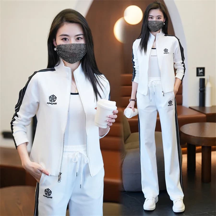 Jogging Trainingspak 2 Stuk Sets Vrouwen Outfit Koreaanse Losse Kant Streep Korte Sweatshirt Casual Wijde Pijpen Broek Pak Vrouwelijke Ensemble