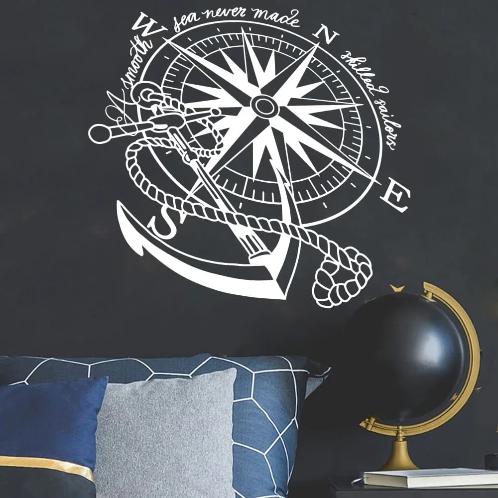 Moderne Anker Nautische Kompas Rose Boot Muurtattoo Kinderkamer Smooth Sea Nooit Gemaakt Geschoolde Sailor Navy Inspiral Muursticker