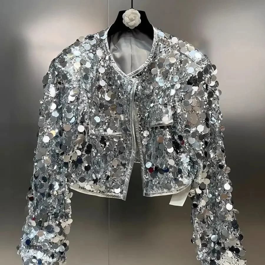 Meisjes jas herfst nieuwe ronde hals lange mouw glanzende zware pailletten jas Europese stijl mode zilveren kinderen jas eenvoudig casual