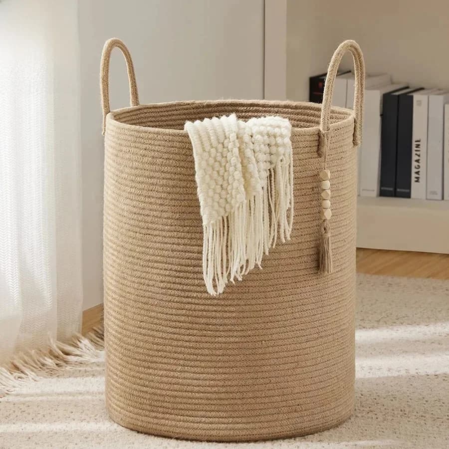 Grote opbergmand Hoge geweven decoratieve wasmand met handvatten Opvouwbaar katoenen touw voor kleding Kinderspeelgoed Woonkamer
