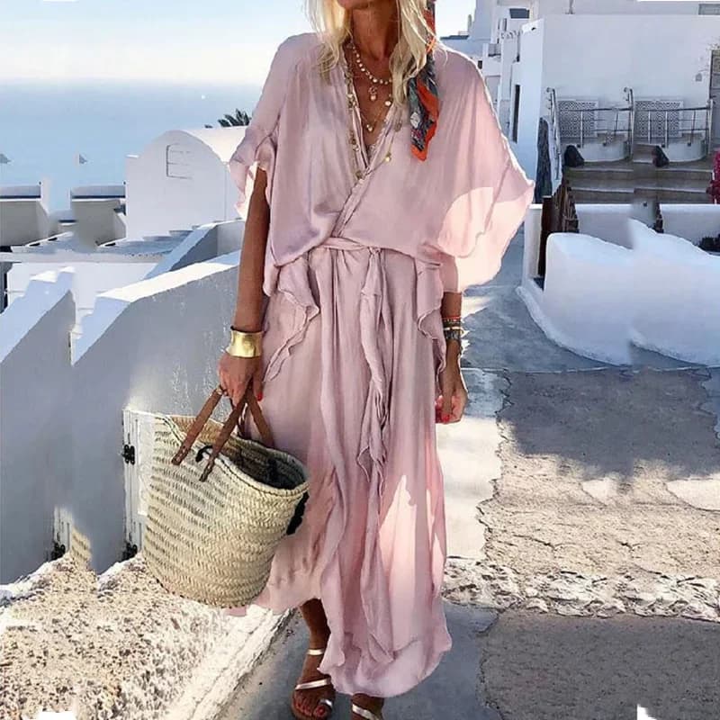 Casual zomer retro effen kleur korte mouw feestjurk dames elegante ruche lange jurk mode vakantie boho losse damesjurk