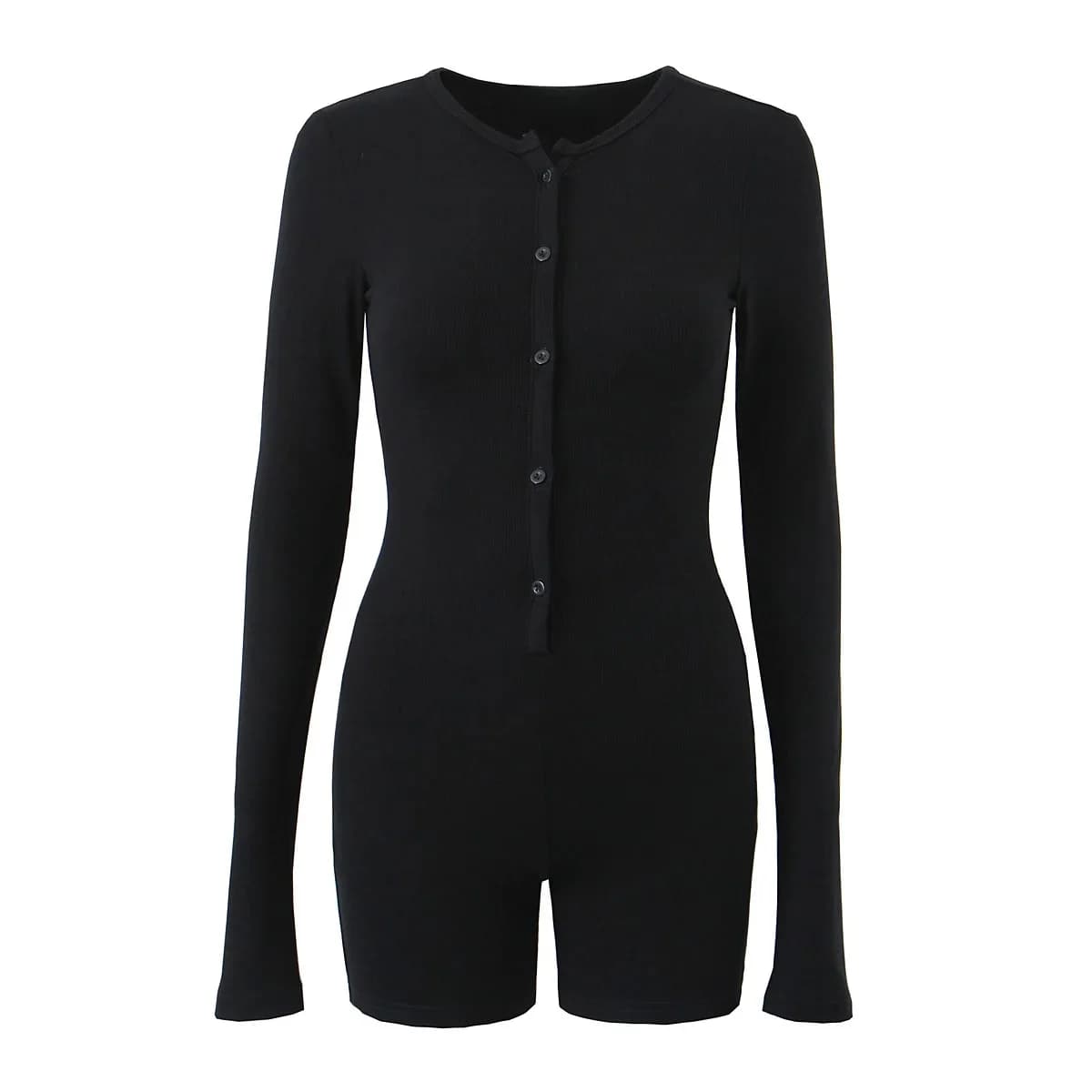 Y2K kleding sexy open knop o hals volledige mouw jersey bodysuit vrouw strakke korte jumpsuit slim fit rompertjes speelpakjes zwart grijs