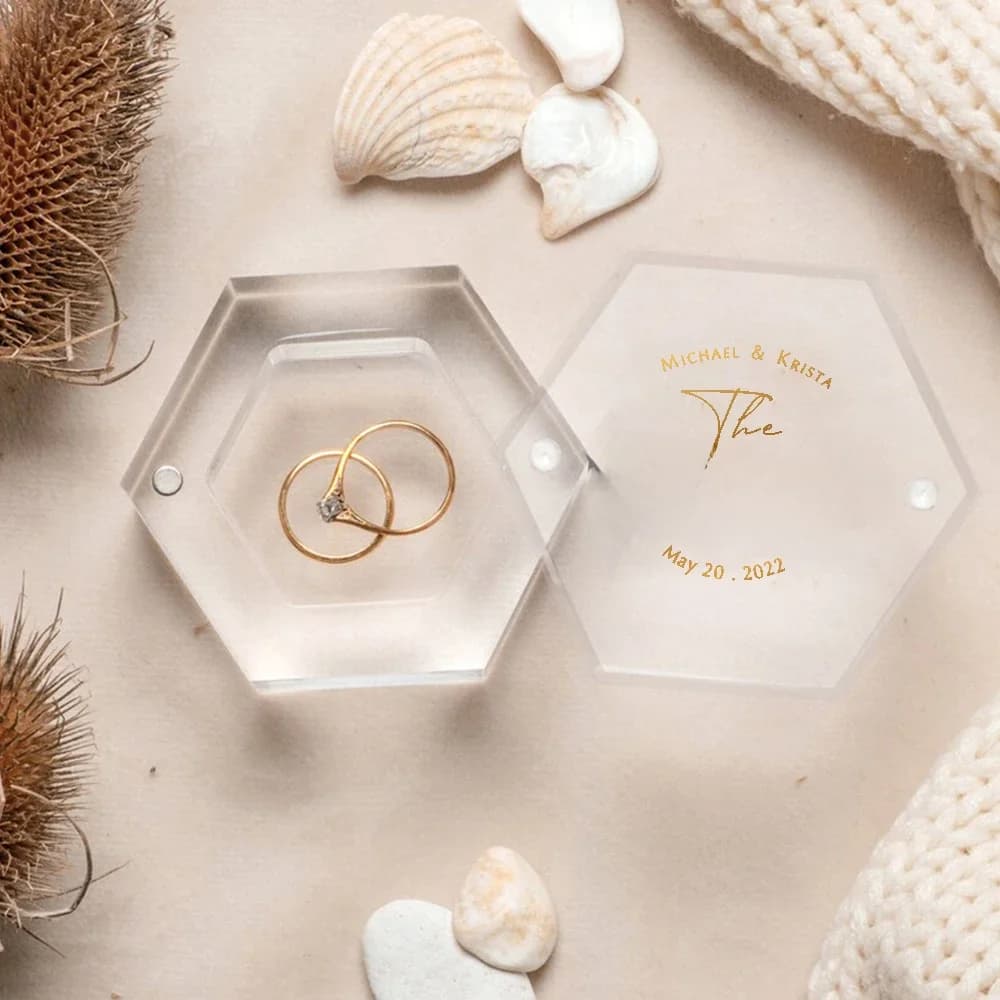 Aangepaste acryl heldere zeshoek ringdoos, gepersonaliseerde verlovingsring doos opslag, bruiloft decoratie, bruidscadeau