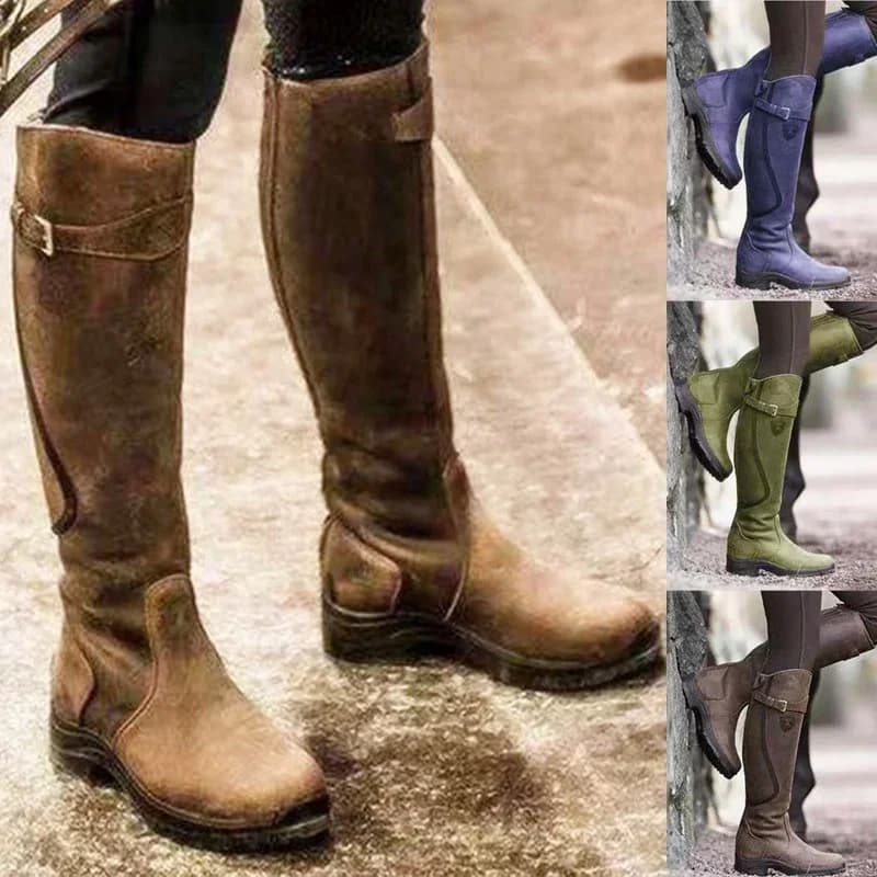 Dames Wintermode Lederen Lage Hak Laarzen Rits Ridderlaarzen Vintage Outdoor Rijlaarzen Lange Laarzen Kniehoge Laarzen