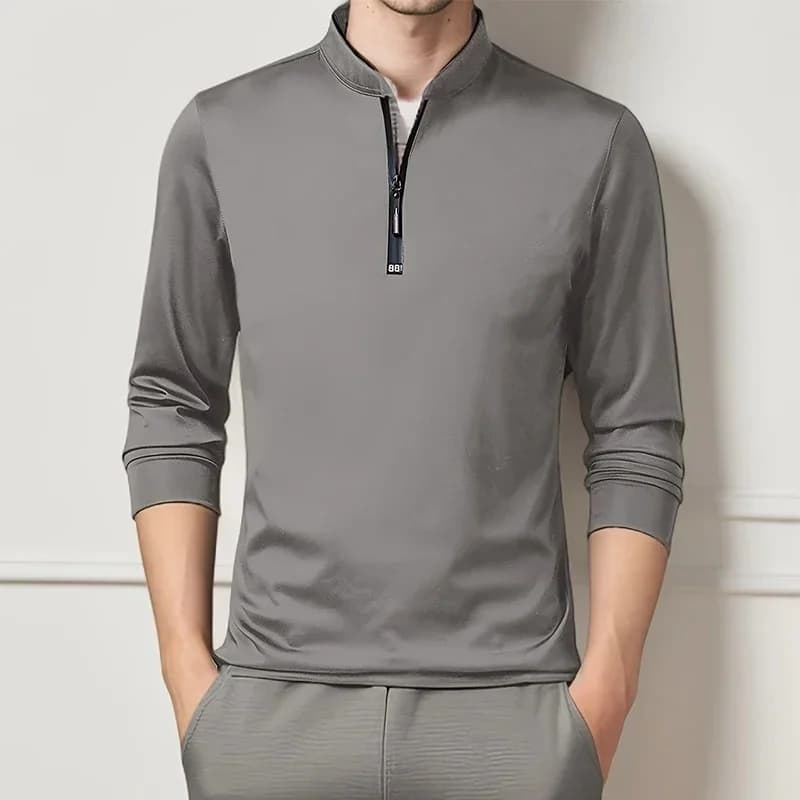 2025 Heren casual mode effen kleur poloshirt met lange mouwen, opstaande kraag, veelzijdige comfortabele top