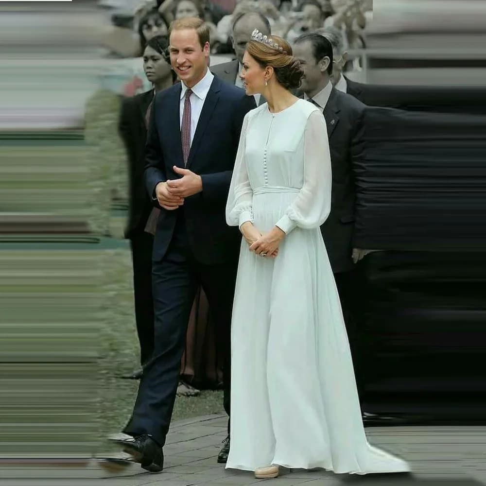 Vintage Kate Middleton Lichtblauw Celebrity Jurk Een Lijn Chiffon Lange Mouw Prom Jurken Overdekte Button Avond Formele Gowns
