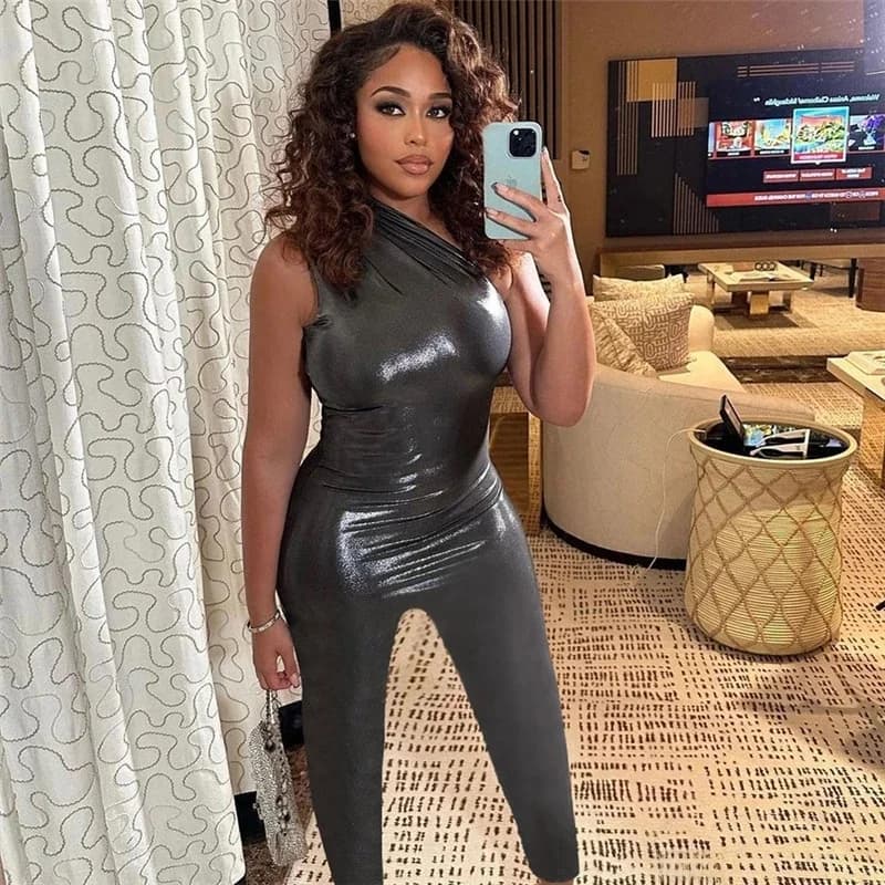 Shiny Vergulden Skinny Jumpsuit Vrouwen Sexy Een Schouder Mouwloze Night Club Party Een Stuk Overalls Casual Y2K Romper