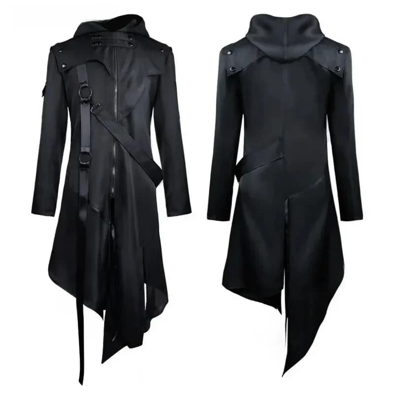 Mannen Gothic Steampunk Jas Halloween Slipjas Cosplay Capuchon Assassin Kostuum Middeleeuwse Viking Warrior Rits Zwarte Jas 5XL