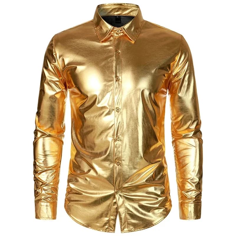 Nieuwe Lange Mouwen Nachtclub Party Shirt voor Mannen Button Up Gold Glanzend Stadium Jurk Shirts Kostuum Homme Hip Hop Shirt Outfits