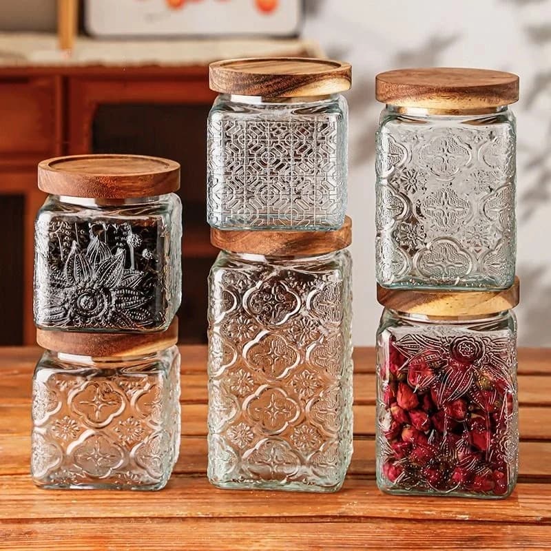 Retro Reliëf Begonia Patroon Glazen Pot Verzegelde Pot Opslag Fles Keuken Diverse Granen Snacks Bamboe Cover Opbergdoos