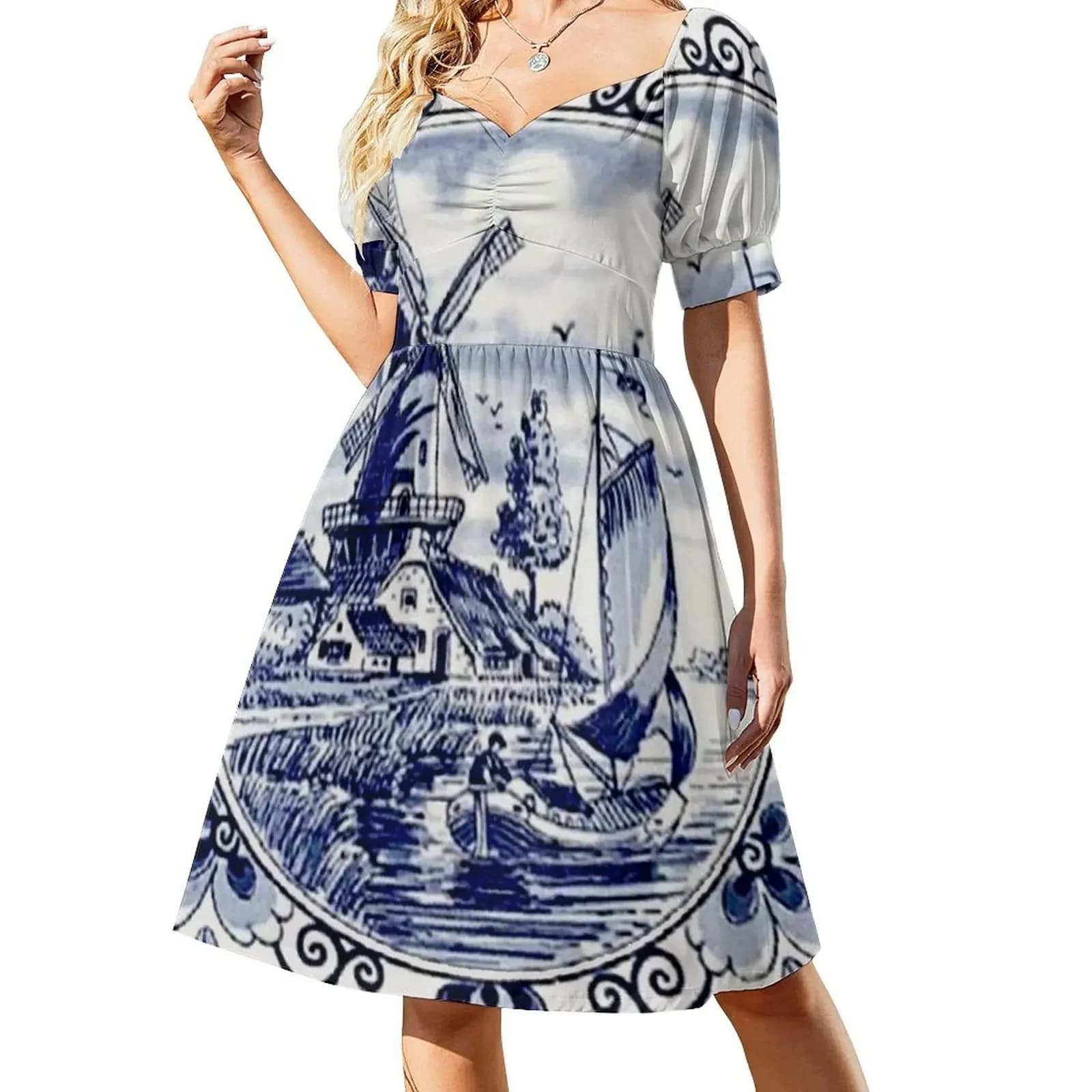 Dutch Blue Delft: Vintage Jurk Met Windmolenprint Damesjurken Luxe Zomerjumpsuit Voor Dames 2023