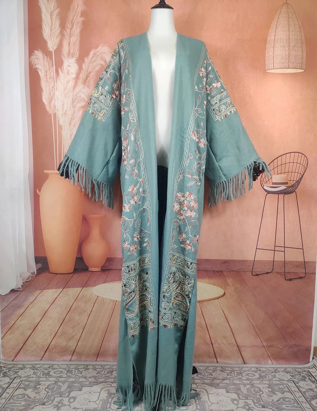 Herfst Winter Afrikaanse Vrouwen Kasjmier Open Voorzijde Veer Lange Kimono Bohemian Europese Lady Warm Buiten Stofdoek Jas