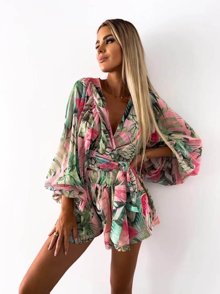 2023 Sexy Diepe V-hals Jumpsuit Voor Vrouwen Zomer Casual Boho Strand Vakantie Outfit Mode Print Lantaarn Mouw Rompertjes Shorts