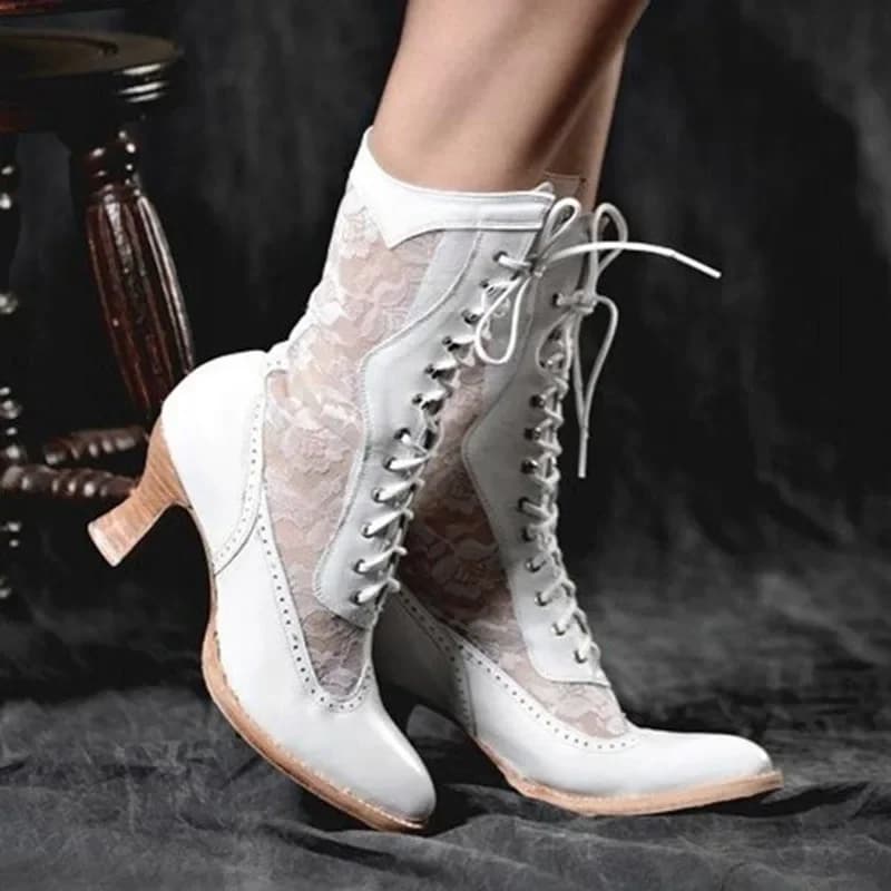 Vintage Dames Enkellaarsjes Victoriaanse Puntschoen Halfhoge Laarzen Voor Vrouwen Elegante Pu Lace Up Laars Gesplitste Dames Hoge Hak Schoen
