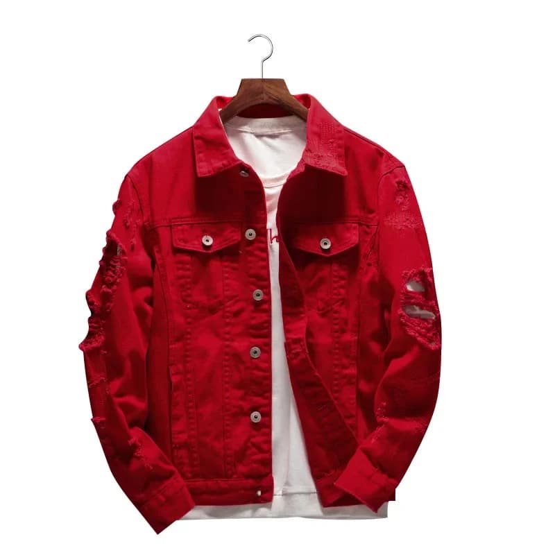 Nieuw Heren Jean Jack Slim Fit Katoenen Spijkerjack Rood Wit Gescheurd Jean Jassen Heren Bovenkleding Plus Size Streetwear