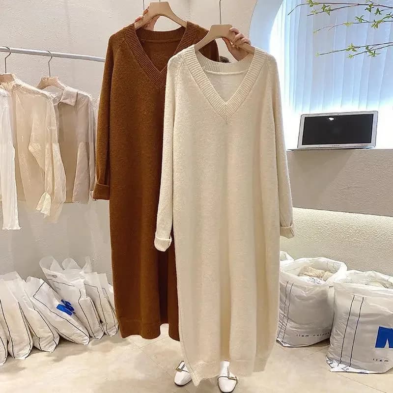 Maat 10XL 150kg Hoge kwaliteit trui jurk voor dames effen kleur V-hals trui dikke herfst en winter lange jurk