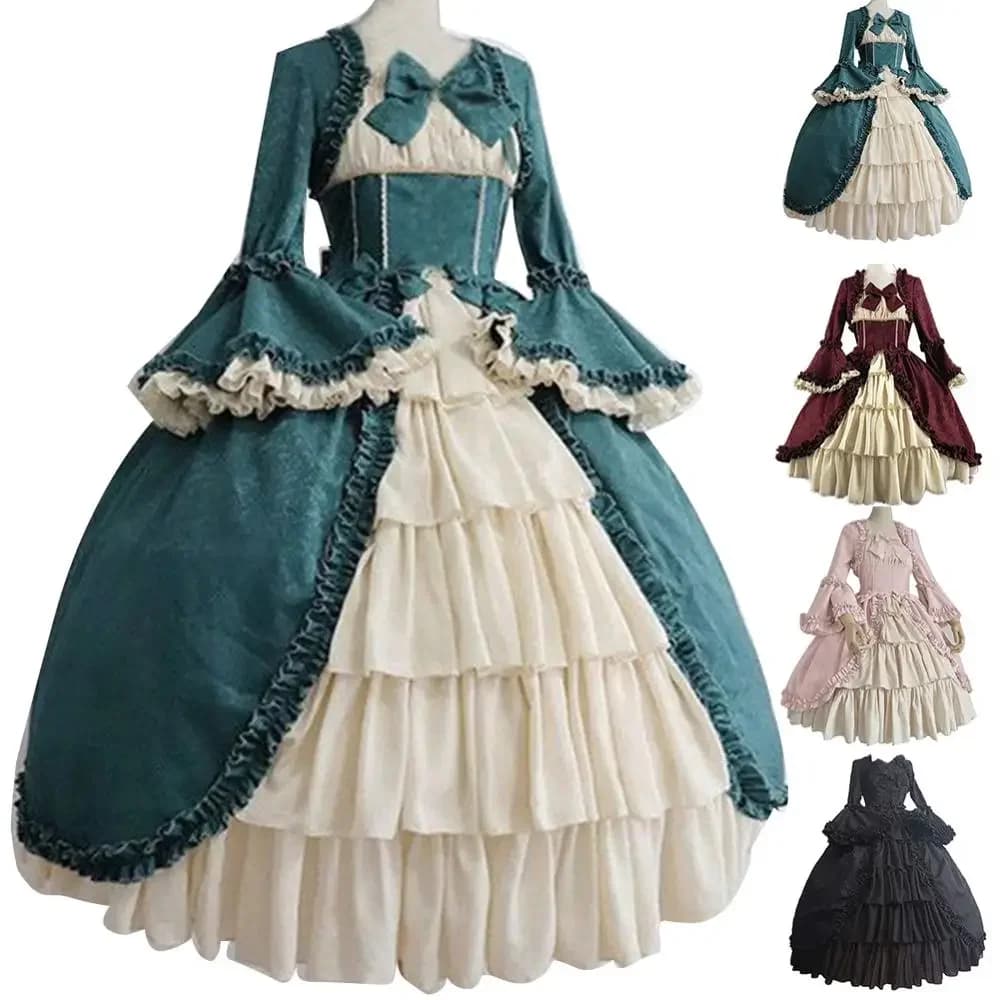 Vrouwen Jurk Elegante Dame Retro Vierkante Hals Strakke Taille Strik Middeleeuwse Jurk Helloween Cosplay Party Kostuum Esthetische Jurk