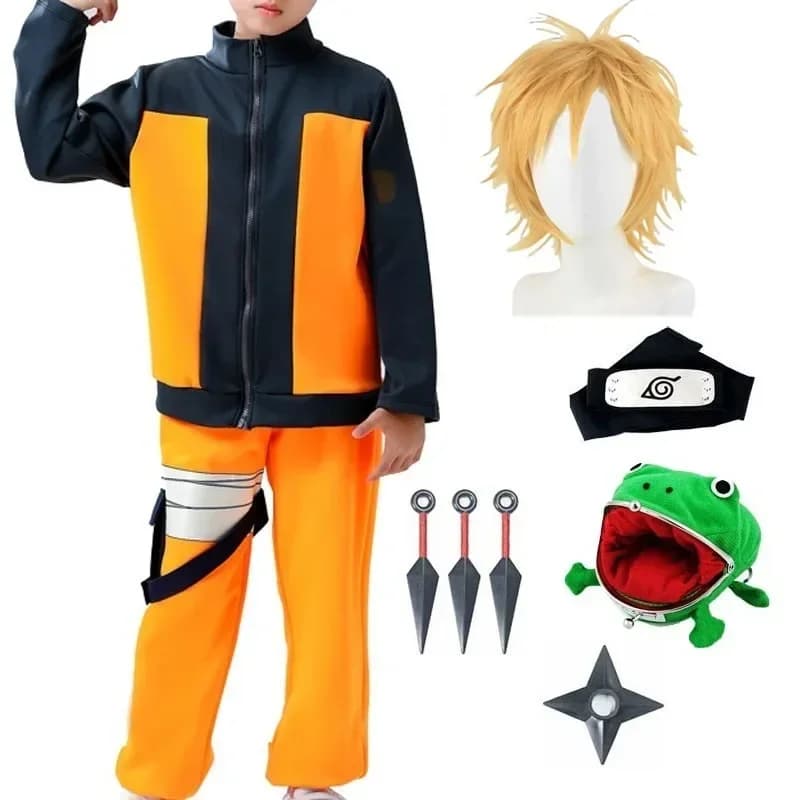 Anime Kids Kind K-Kakashi Cosplay U-Uzumaki A-Akatsuki Jas Broek Shippuden Uniform Pruik Hoofdband Kunai Halloween Kostuum