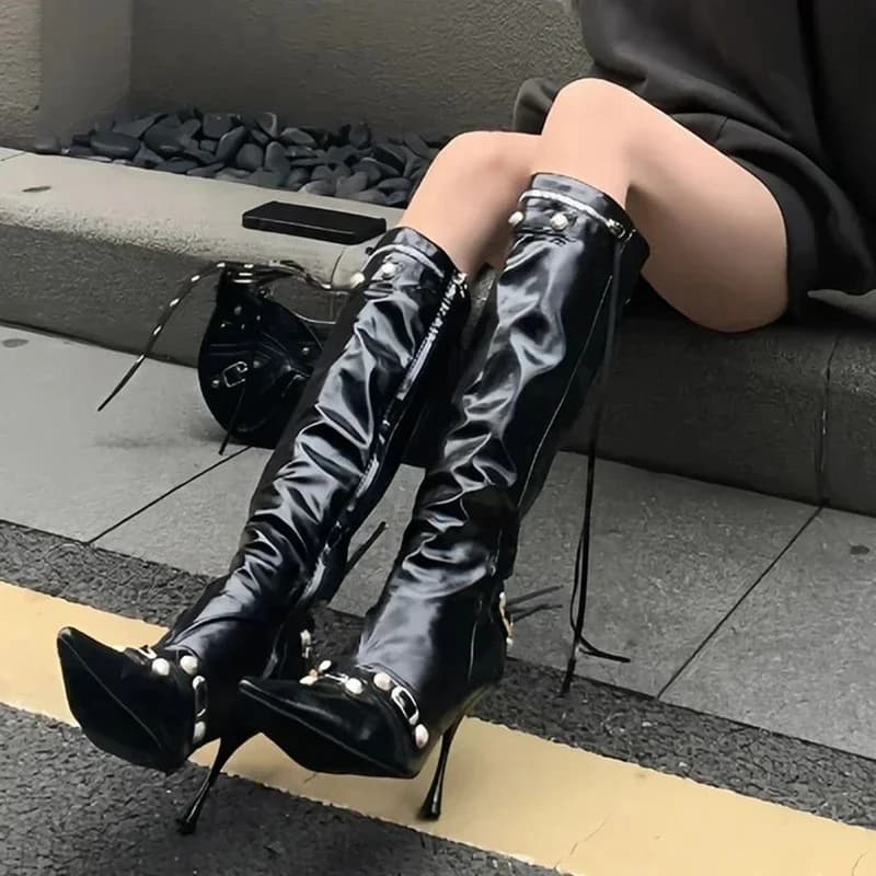 Nieuwe Dames Ridder Hoge Laarzen Mode Kwasten Zijritsen Dames Elegante Puntschoen Lange Laarsjes Damesschoenen