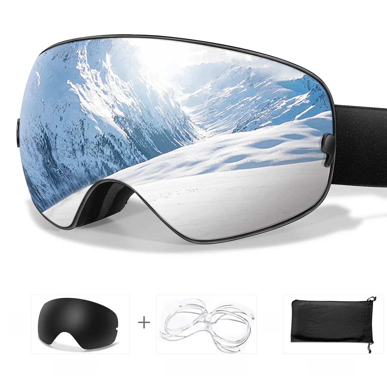 Buitensporten Tiener Heren Dames Skibril-Anti-condens UV400-bril, Kerst- en nieuwjaarscadeau, gratis zwarte lens en optisch frame