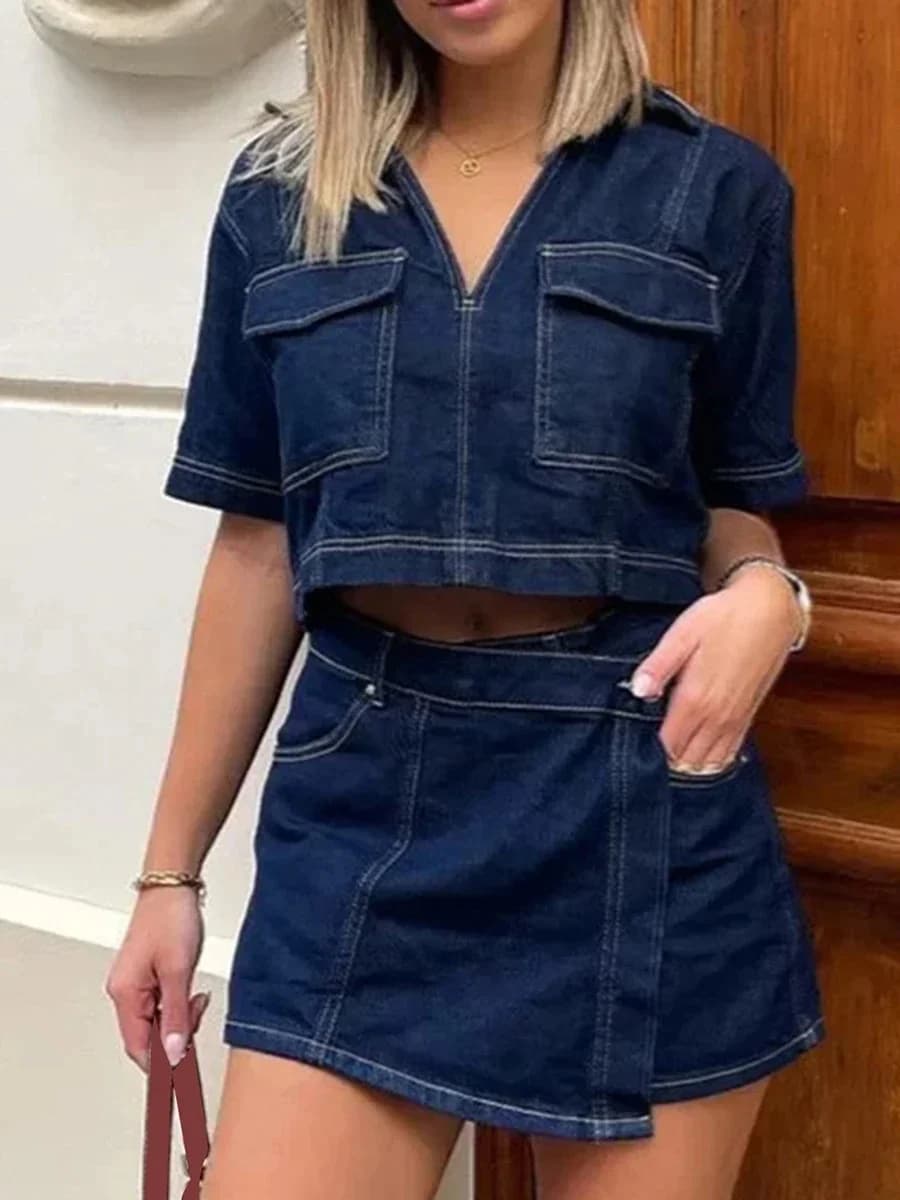 Dames 2-delige denim outfits zomer korte mouw revers jeans trui tops en asymmetrische shorts set voor streetwear grunge Y2K