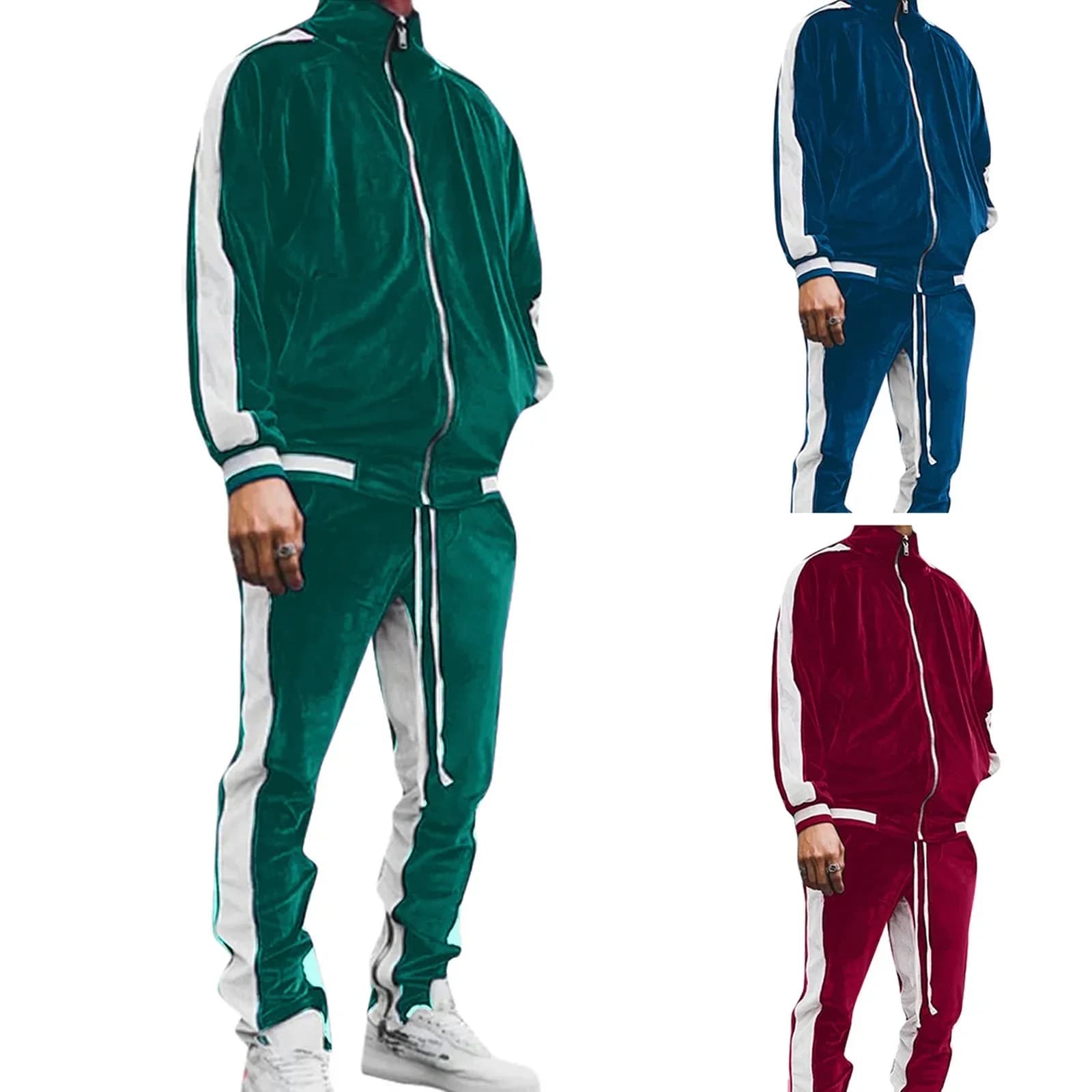 Mannen lange broek set casual losse tweedelige sets rits volledige mouw trainingspak herfst winterjassen elastische taille herensets broek