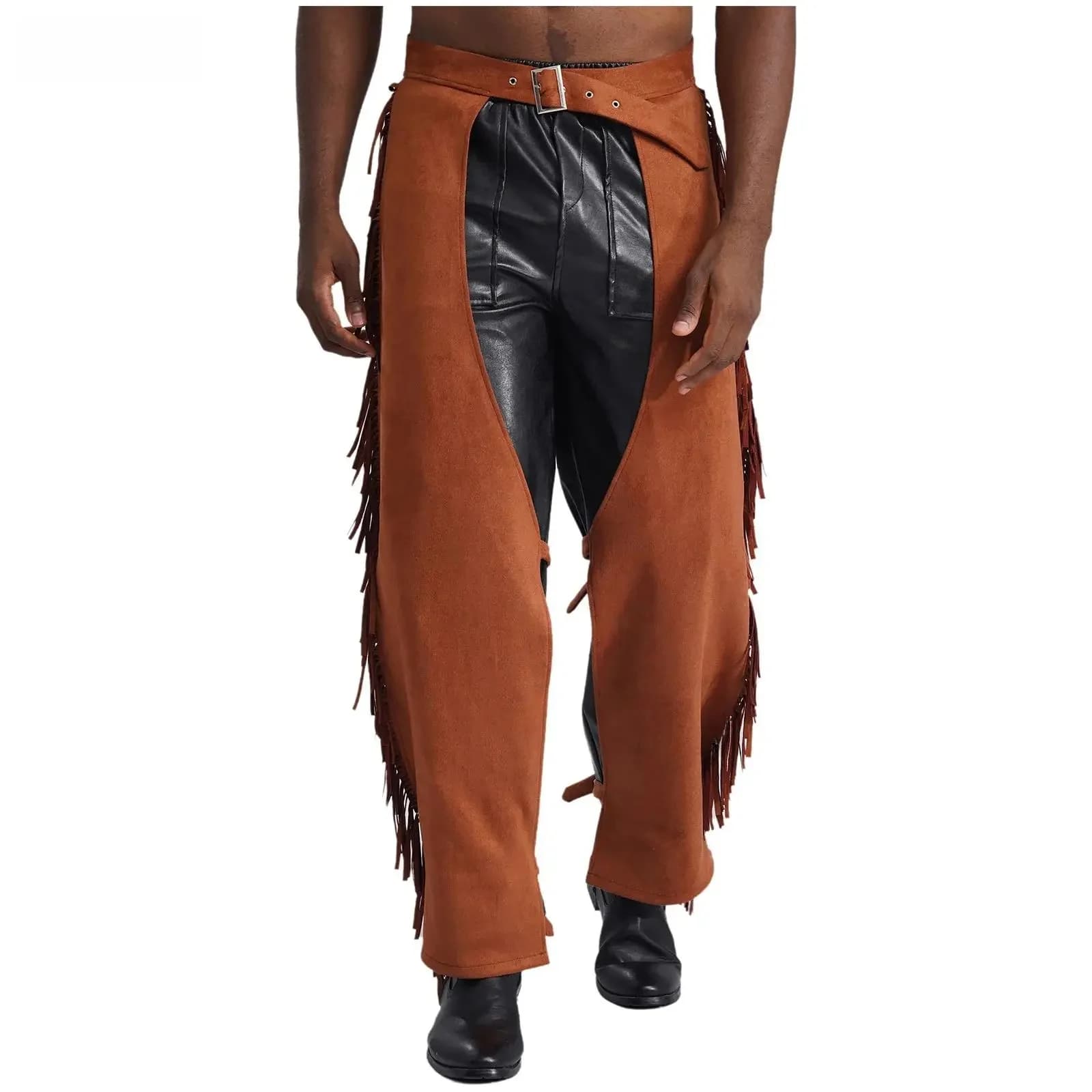 Heren Suede Fringe Vintage Cowboy Broek Gothic Steampunk Kwasten Open Kruis Broek Halloween Dress Up Party Kostuum Rave Clubwear
