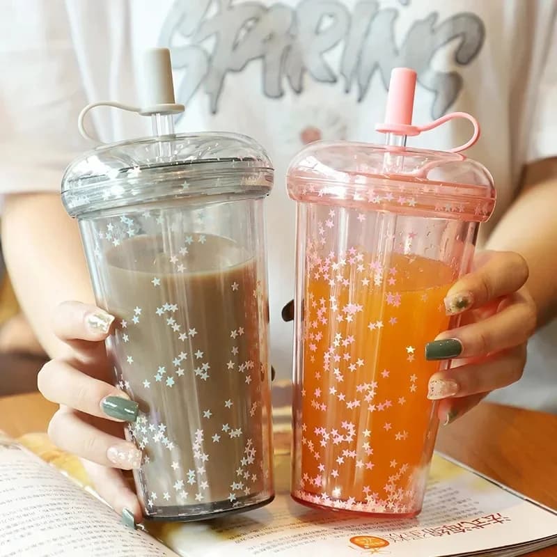 Ins Bubble Tea Cup Draagbare Tumbler Met Stro Plastic Koffie Cups Met Deksel Transparant Water Fles