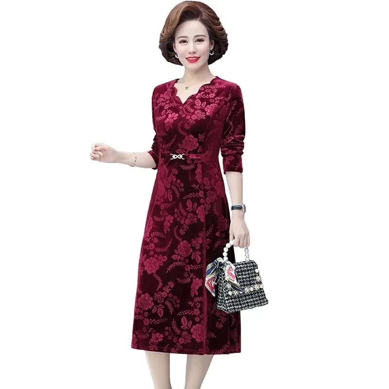 Elegante Winter Fluwelen Jurk Vrouwen Jacquard V-hals Lange Mouwen Herfst Franse Vintage Rood Blauw Kalf Lengte Jurken Vestidos