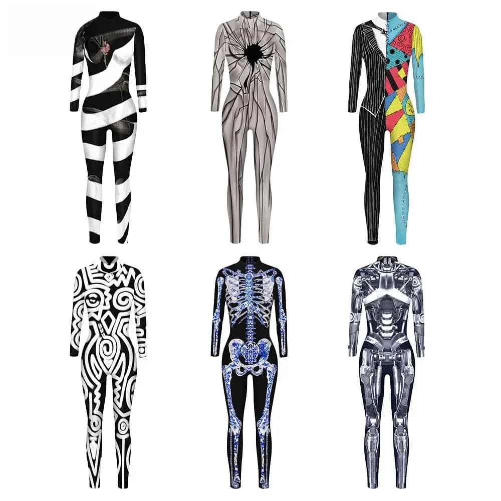Vip Mode Vrouwelijke Halloween Kostuum Voor Vrouwen Cosplay Robot Gedrukt Kostuums Jumpsuit Schedel Carnaval Kostuum Bodysuit Rompertjes