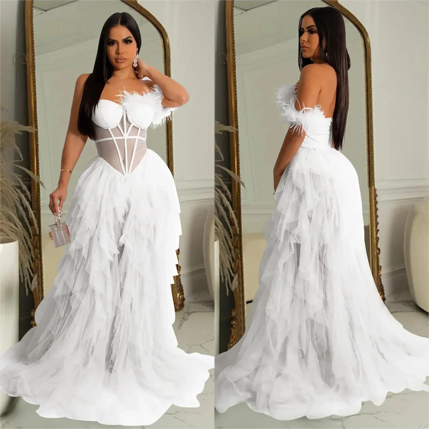 Vrouwen witte jurk vloerlengte jurken mesh party hoge taille veer bodycon splice off-shoulder elegante jurk sexy vestidos