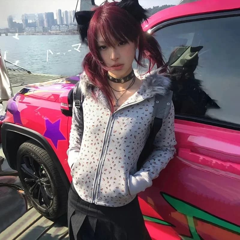 Karrram Japanse Y2k bont kapmantel Vintage Harajuku bloemen winterjas jaren 2000 esthetiek Strass print bovenkleding Fairycore