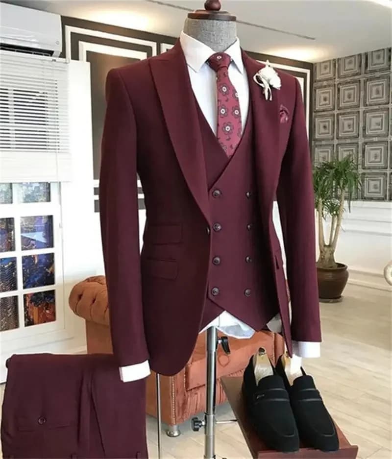 2021 Bordeaux Dubbele Breasted Vest Kostuum Homme Mannen Pak Voor Bruiloft Bruidegom Dragen Prom Beste Man Blazer Slim Fit 3 stuks Terno