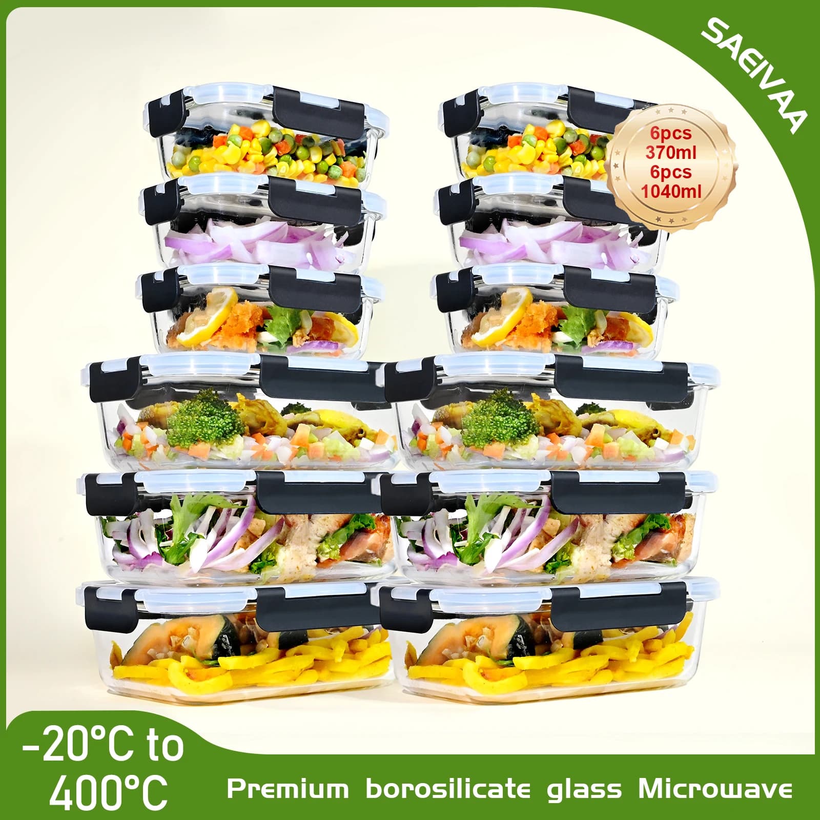 12-delige set voedselopslagcontainers met deksel 370/1040 ml glazen potten keukenopbergdozen met luchtdichte deksels BPA-vrij
