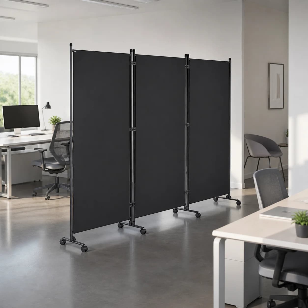 Opvouwbare kamerverdeler met 3 panelen, verplaatsbaar privacy-scherm met universele wielen met rem, 360 graden °   Draaibare scheidingswand, ijzeren