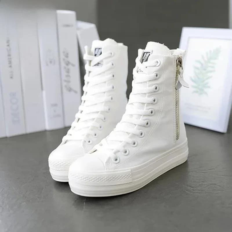 Vrouwen Sneakers Hoge Top Platte Canvas Schoenen Met Zip Side Canvas Schoenen Platte Vrouw Platform Leisure Laarzen