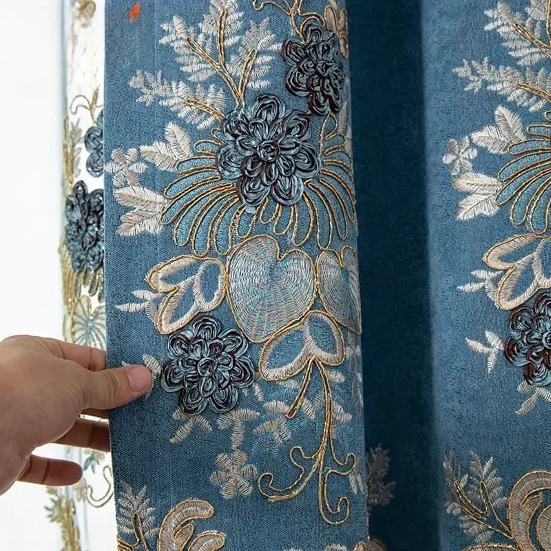 Gordijn in Europese stijl voor woonkamer, eetkamer, slaapkamer, chenille, luxe blauwe tule, schaduw, geborduurd, high-end raam, aangepast formaat